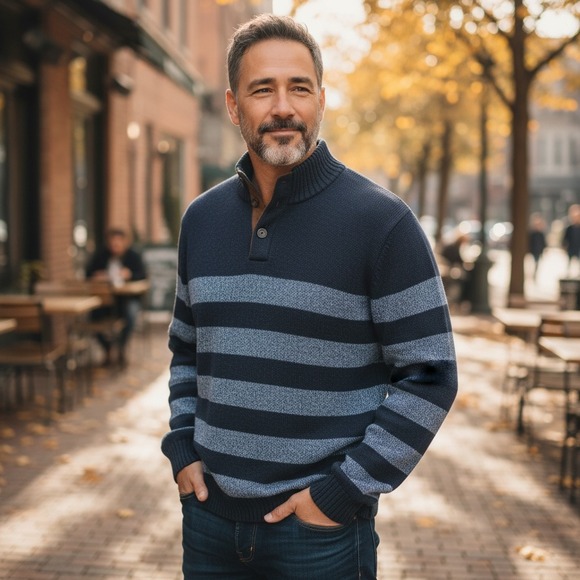 Chaps Other - Chaps Old Money Sweater Men's XXL Navy stripe Cotton Pullover Elbow Patches Soft